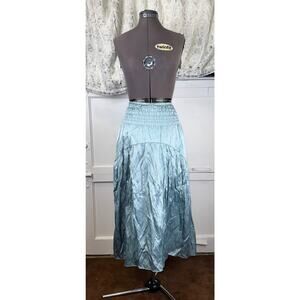 Vince Blue Metallic Satin Smocked Waist Ruffle Midi Skirt XS